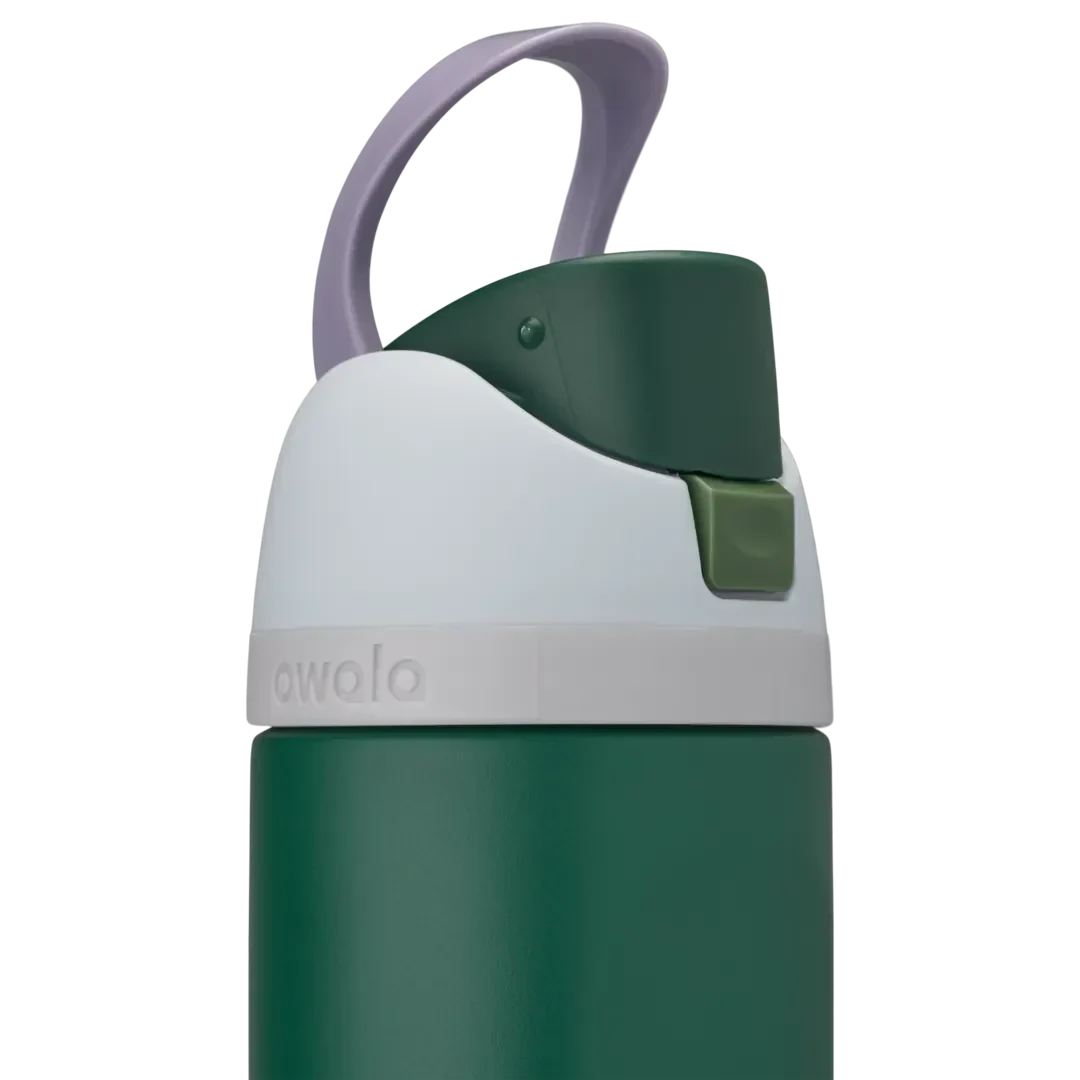 Owala Kids FreeSip 16oz in Great Smoky Mountains, dark forest green insulated stainless steel bottle with white lid, lavender carry loop, dark green flip cap, and olive green push-button